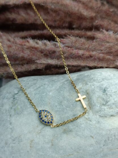 Steel eyelet necklace with a cross with zircon stones (CODE: 005211)