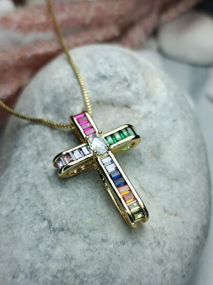 Women's Steel Cross with Multicolored Zircon Chain (CODE:0013)