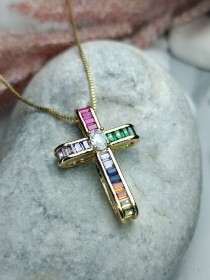 Women's Steel Cross with Multicolored Zircon Chain (CODE:0013)