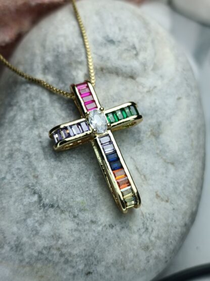 Women's Steel Cross with Multicolored Zircon Chain (CODE:0013)