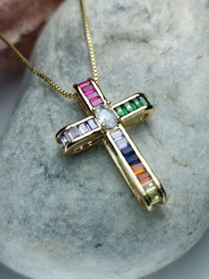 Women's Steel Cross with Multicolored Zircon Chain (CODE:0013)