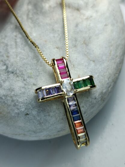 Women's Steel Cross with Multicolored Zircon Chain (CODE:0013)