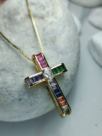 Women's Steel Cross with Multicolored Zircon Chain (CODE:0013)