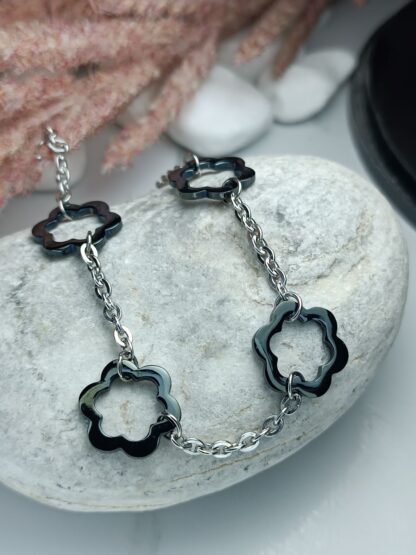 Steel bracelet silver glaze with black flowers (CODE: 8010)